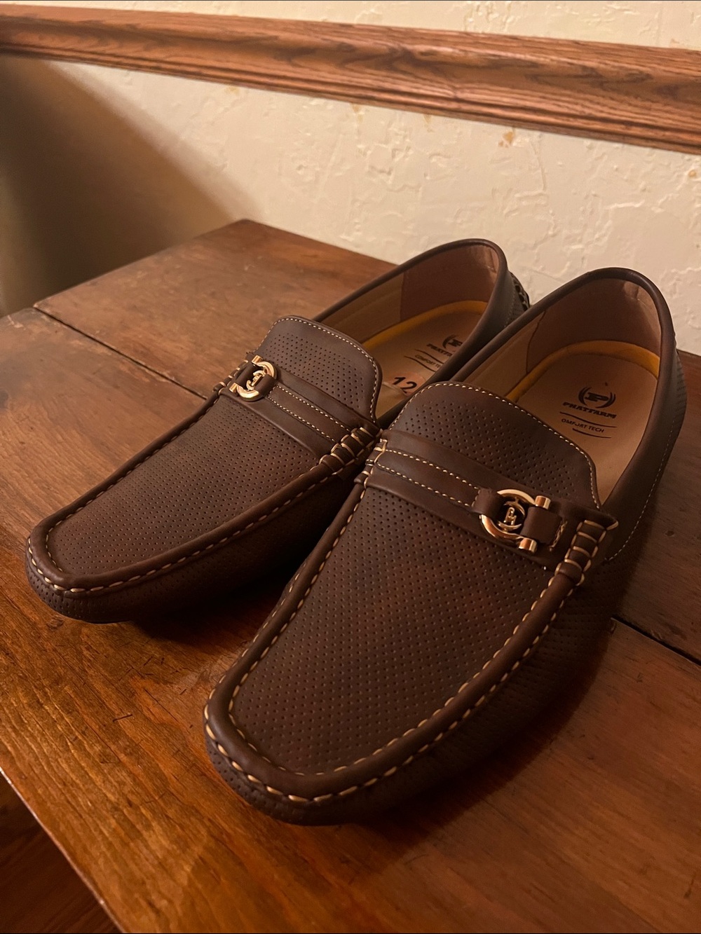 Phat Farm Brown Perforated Vegan Leather Slip-On Loafers with Gold Bit
